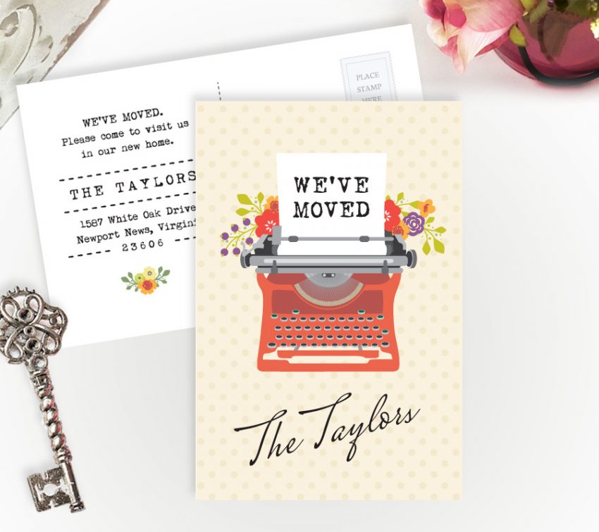 "We have moved" typewriter moving cards